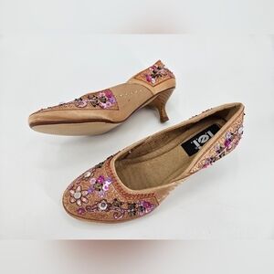 LEI Yazzee Kitten Heel Dress Shoes GOLD Multi Colorful Rhinestones Sequin sz 7